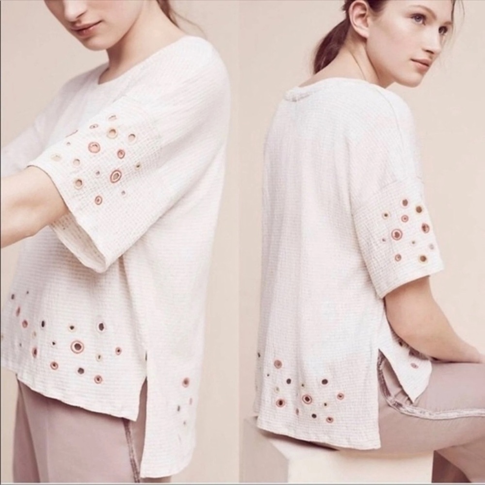 Anthropologie Postmark Women's Cutout Top Linen Blend High Low Hem Size M